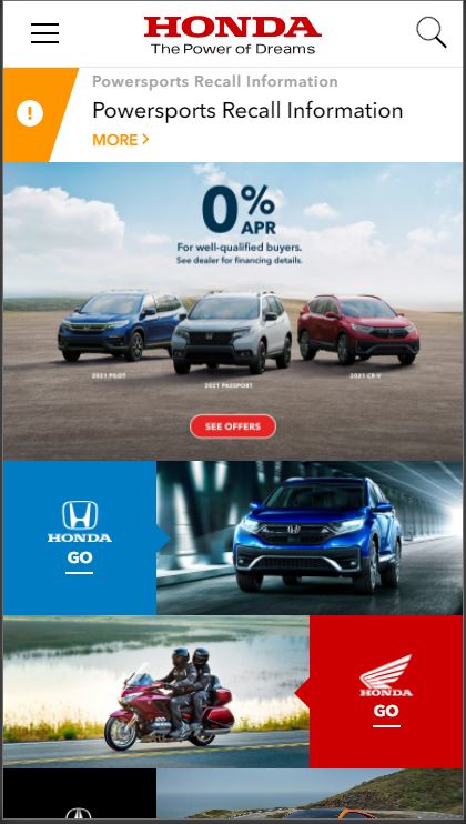 Shows example of Rule of Thirds on Honda Website